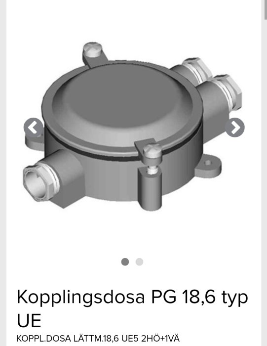 Grå kopplingsdosa PG 18,6 typ UE med oskyddade ingångar på sidan för kabelleddning utomhus.