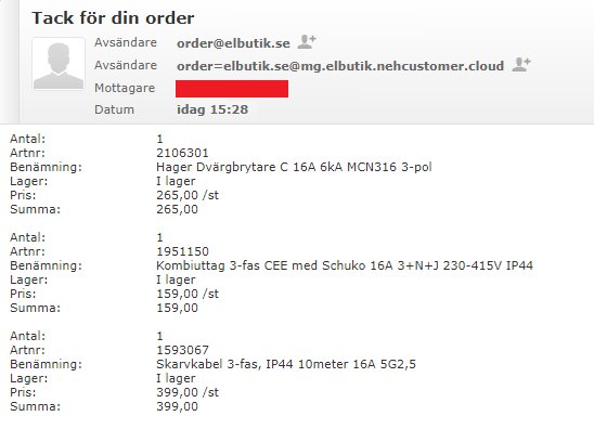 Skärmdump av bekräftelse på beställning av elektronikkomponenter för byggprojekt, inkluderar dvärgbrytare och skarvkabel.