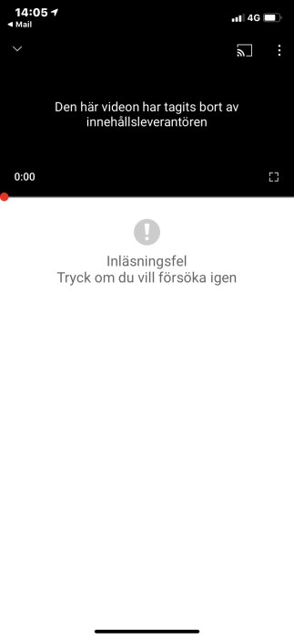 Skärm med meddelande "Den här videon har tagits bort av innehållsleverantören" och en markör för inläsningsfel.
