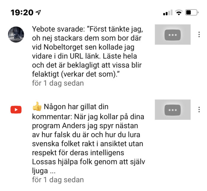 Skärmdump av en social media-kommentarstråd med en tumme upp och suddiga profilbilder.