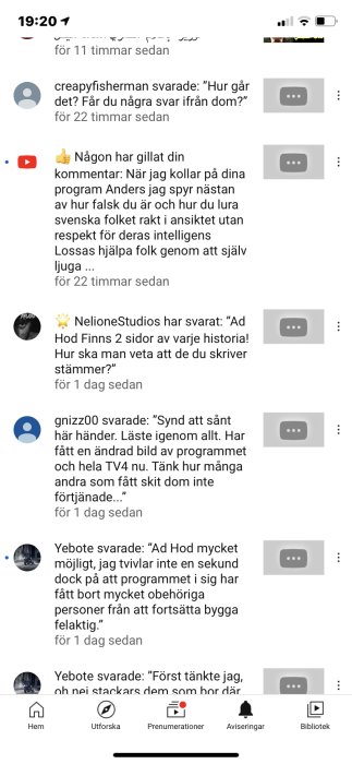 Skärmdump från en mobil enhet som visar en diskussionstråd med kommentarer på en social plattform.