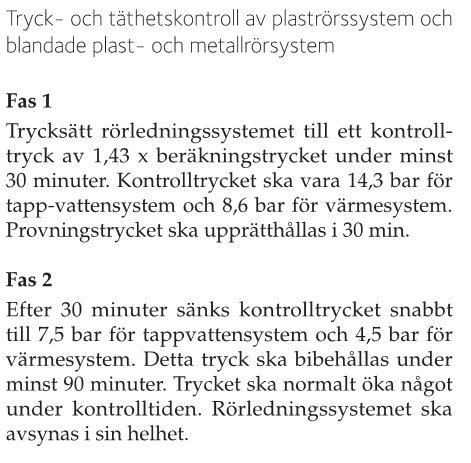 Textdokument med anvisningar för tryck- och täthetskontroll av plast- och metallrörsystem enligt LK Systems monteringsanvisning.