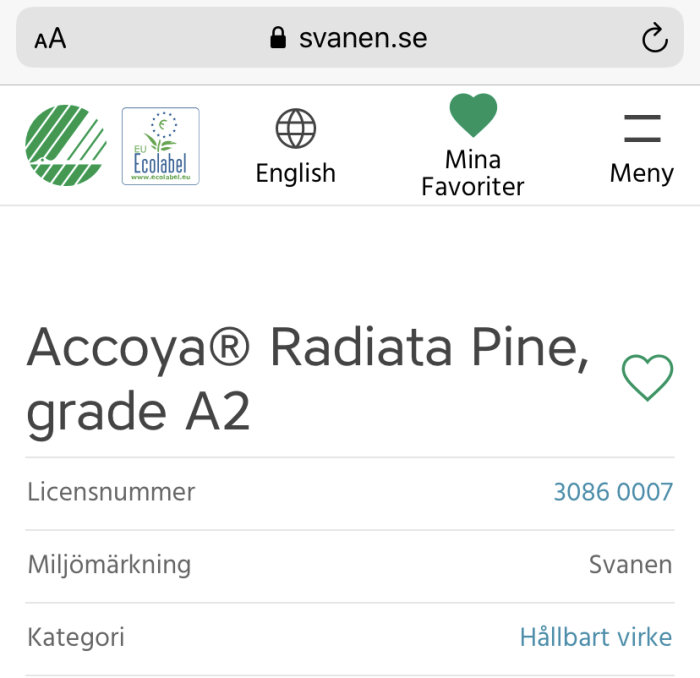 Skärmdump av Accoya Radiata Pine grad A2 på Svanen.se med grön Svanenmärkning och beteckningen Hållbart virke.