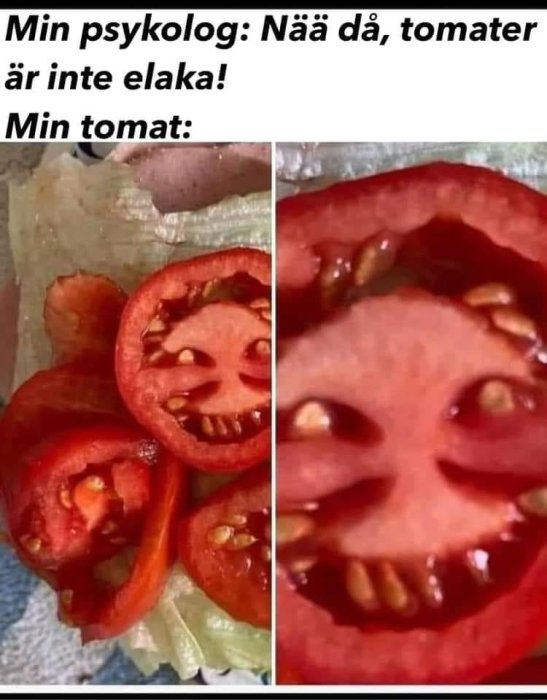 Två bilder av skivade tomater som ser ut som grinande ansikten.