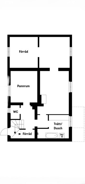 Ritning av en källare med förråd, pannrum, wc och tvätt/duschutrymme.