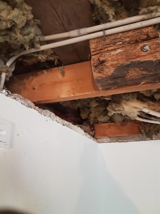 Äldre träbalkar med isolering syns under en gästlägenhet, några balkar är inte fullängds och behöver förstärkning.