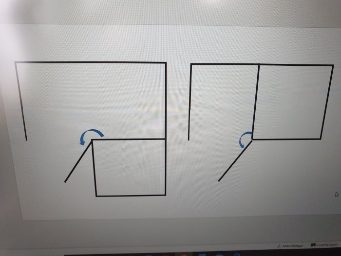 Ritning som visar två typer av gångjärn, ett med dörren parallell med väggen och ett vinkelrätt.