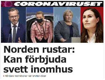 Rubrik om Norden som rustar för en ny corona våg med potentiell förbud mot svettiga aktiviteter inomhus, visas med fyra politiker.