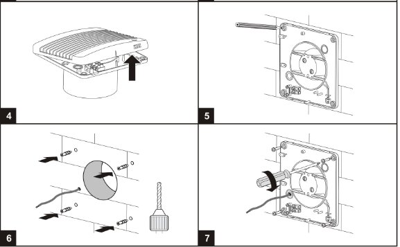 Illustrationer av en fläktinstallation med delar och monteringsanvisningar.
