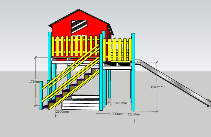 Digital ritning av en färgglad lekstuga med måttangivelser, rutschkana och trappa.