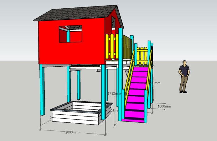 3D-ritning av en lekstuga på stolpar med rutschkana, trappa och sandlåda, bredvid en illustrerad person.