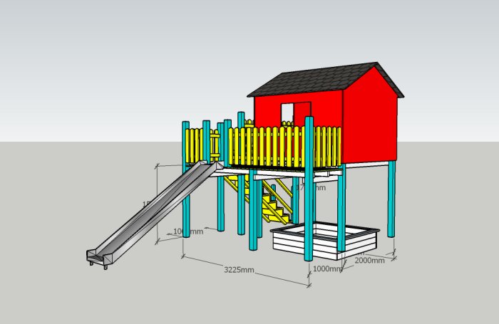 Ritning av lekstuga på stolpar med rutschkana, trappa och sandlåda i färgglada detaljer.