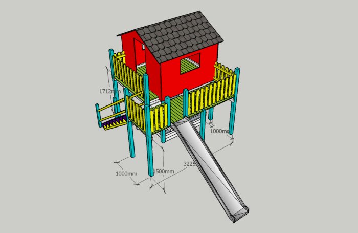 3D-ritning av en färgglad lekstuga med rutschkana, stolpar och trall.