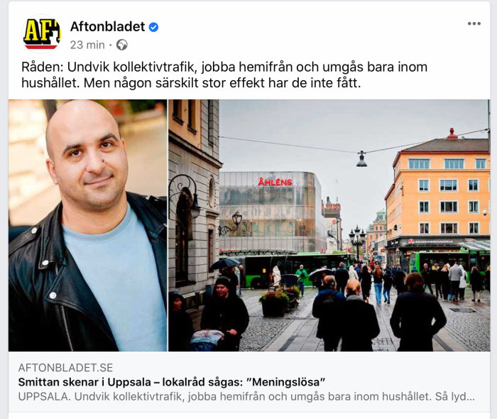 Artikel från Aftonbladet med bild på en folksamling i stadsmiljö och en närbild på en man.