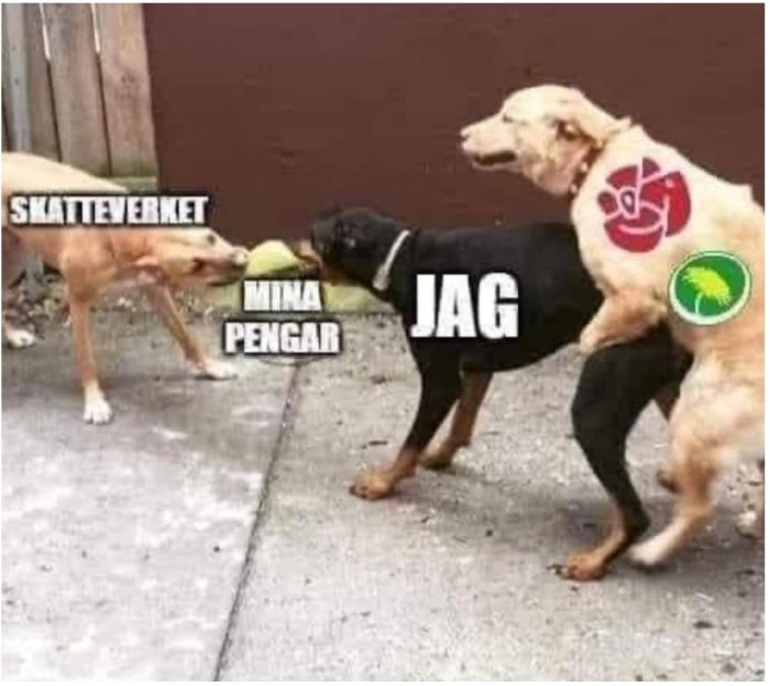 Bild på en humoristisk redigerad scen där tre hundar representerar "Skatteverket", "Mina pengar" och "Jag".