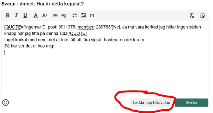 Skärmdump av ett foruminlägg med markerad knapp för att ladda upp bild eller video.