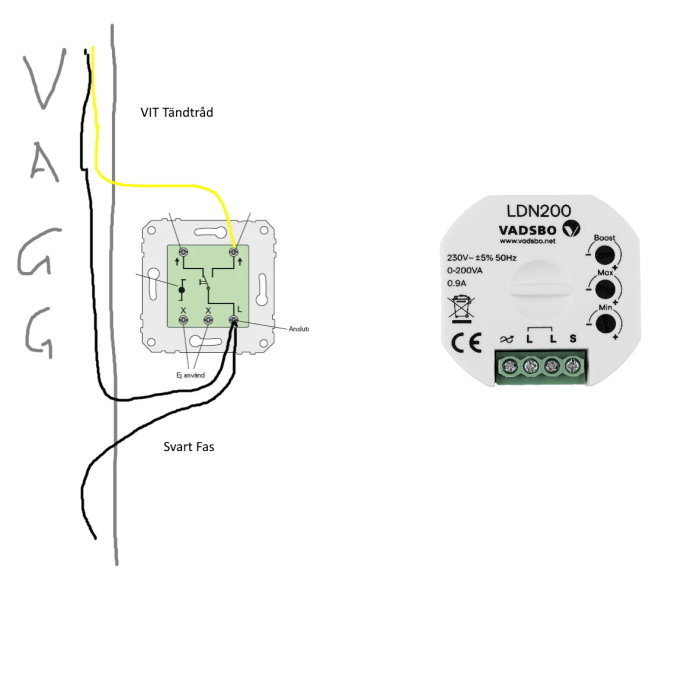 Bild på strömställare och schematisk koppling till en Vadsbo LDN200 dimmerpuck.