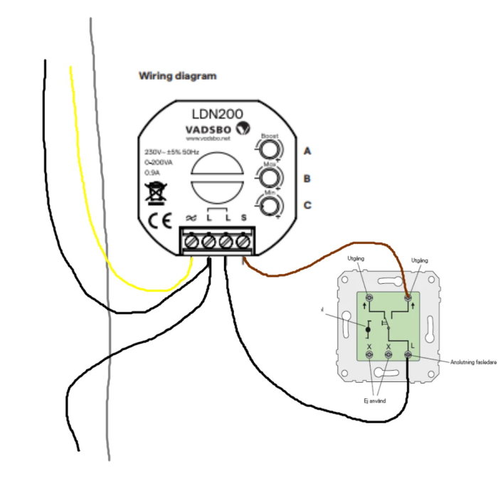 Wiring diagram for a VADSBO LDN200 dimmer without a neutral wire connected to a switch.