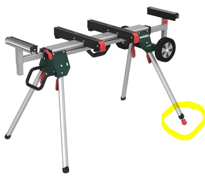 Metabo KSU251 sågbord med markerad justeringsknopp för ojämna golv.