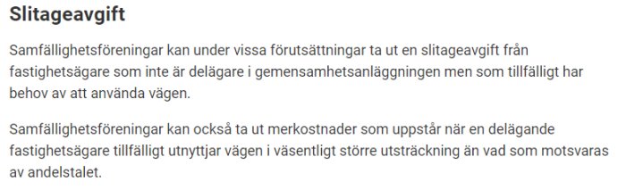 Utdrag om slitageavgift för samfällighetsföreningar som beskriver kostnadsuttag för väganvändning.