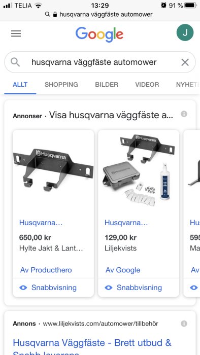 Husqvarna väggfäste för laddstation visat på skärmen med pris 650 SEK.