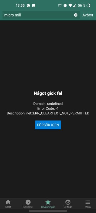 Skärmdump som visar felmeddelande 'net::ERR_CLEARTEXT_NOT_PERMITTED' på en Android-enhet.