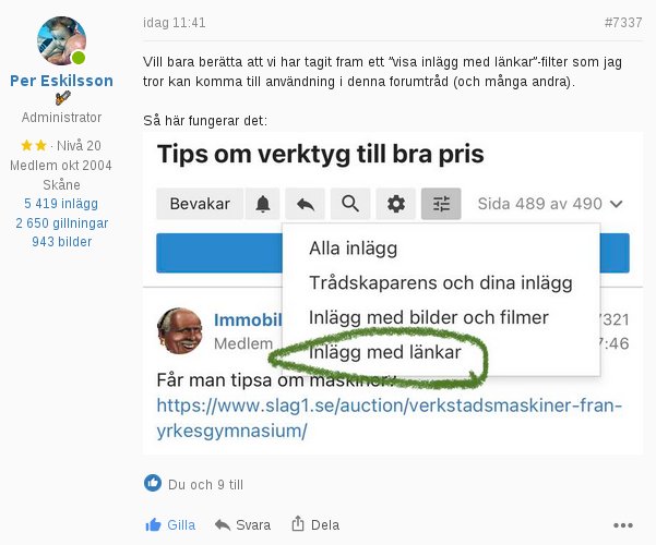 Skärmdump av diskussionsforumtråd med filteralternativ och en markerad kategori "Inlägg med länkar".