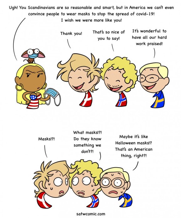 Seriebild med karikatyrer av skandinaver som hyllas av en amerikans oudes för att bära masker och deras förvirrade reaktion.