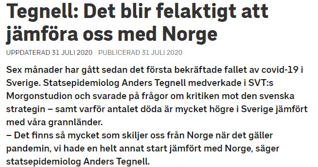 Skärmdump av en nyhetsartikel där Anders Tegnell uttalar sig om pandemistraegi jämfört med Norge.