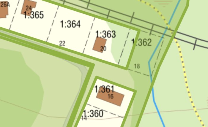 Karta med fastighetsindelningar och markerade tomter numrerade 1:360 till 1:365, vägar och grönområden.