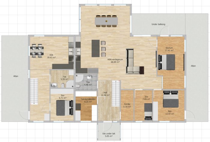 Översiktsplan av en våning i ett hus med kök, sällskapsyta, badrum, sovrum och teknik/klädvårdsrum markerade med mått.