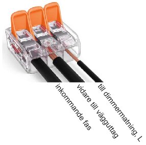 Wago kopplingsklämma med tre svarta elkablar anslutna, markerade för inkommande fas och vidarekoppling.