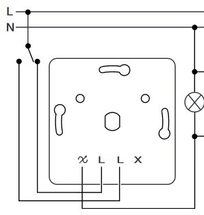 Schema för inkoppling av dimmer med L-plintar för trappkoppling och extern kopplingsklämma.