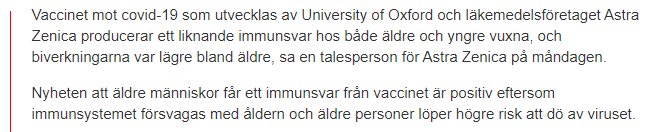 En skärmdump av en nyhetsartikel om att Astra Zenecas covid-19 vaccin visar lovande resultat, särskilt för äldre.