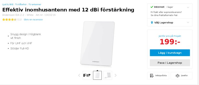 Vit inomhusantenn i högblank finish med produktinformation och pris på en webbshopssid.