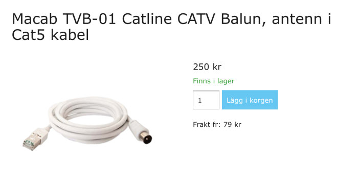 Macab TVB-01 Catline CATV Balun, en vit TP-kabel med RJ45-anslutning för TV-antennsignal.