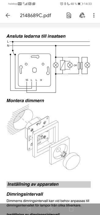 Elektrisk kopplingsschema och illustration för installation av en dimmer.