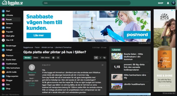 Skärmdump av byggforum med användargränssnitt i dark mode med öppen diskussionstråd.