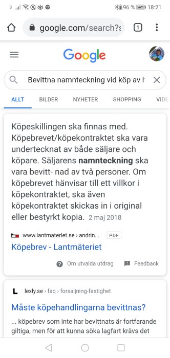 Skärmdump av Google-sökresultatsida med frågan "Bevittna namnteckning vid köp av hus".