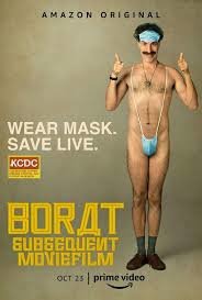 Affisch för Borat Subsequent Moviefilm där en karaktär visar tummen upp och bär ansiktsmask som baddräkt.