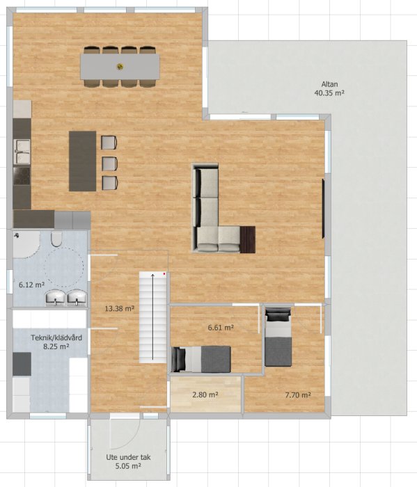 Översiktsplan av ett våningsplan med rum och möbler, inklusive altan på 40.35 kvm och teknikutrymme.