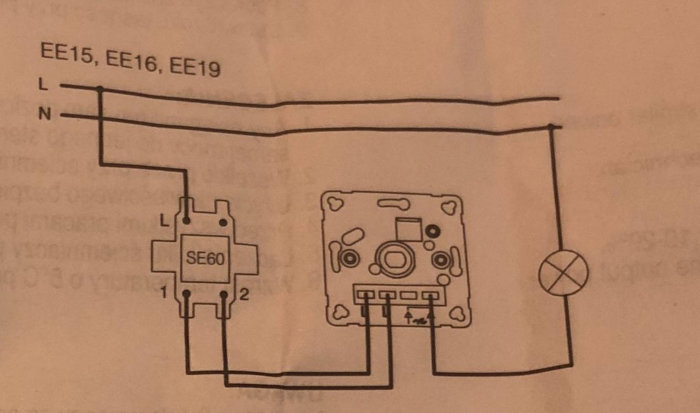 Kopplingsschema för TEM EE19 dimmer med trappkopplare och LED-lampor.
