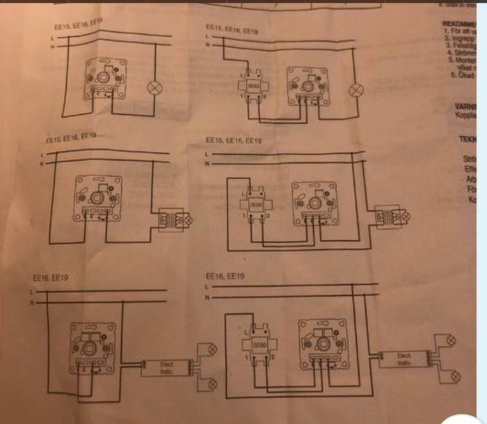 Schematisk bild av olika elektriska kopplingar för dimmer med märkningar EE15, EE16, EE19, inklusive anslutningar för LED och induktiv last.