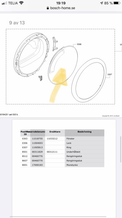 Exploded-view diagram av en Bosch torktumlardörr med markerad del 0306, som är ett lock, och reservdelslista.