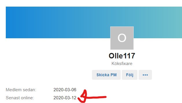 Profil för användaren 'Olle117' med titeln 'Köksfixare', sist online-datum markerat med en röd pil.