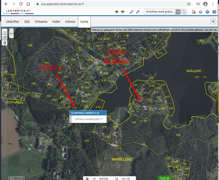 Skärmbild av en karta med markerade punkter och text som hänvisar till olika platser.