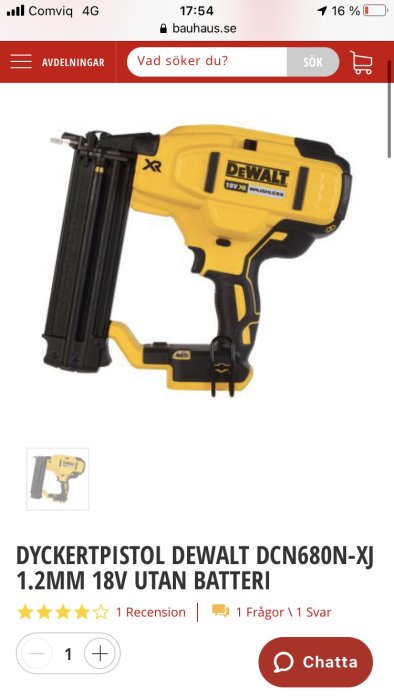 Dyckertpistol Dewalt DCN680N-XJ 18V utan batteri, gul och svart, visas på en webbsida.