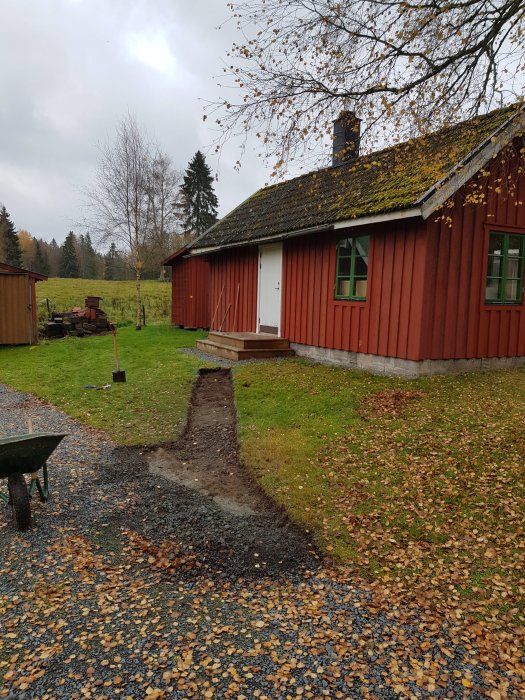 Nygrävd gång med grus bredvid en röd gäststuga, verktyg och höstlöv på marken.