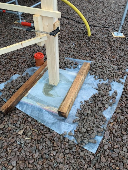 Färskt gjutet fundament med träformar och stödstag, täckt med plast, på ett grusunderlag.