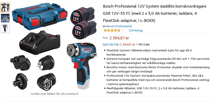 Bosch Professional 12V borrskruvdragare med batterier, laddare och FlexiClick-adapter i L-BOXX.